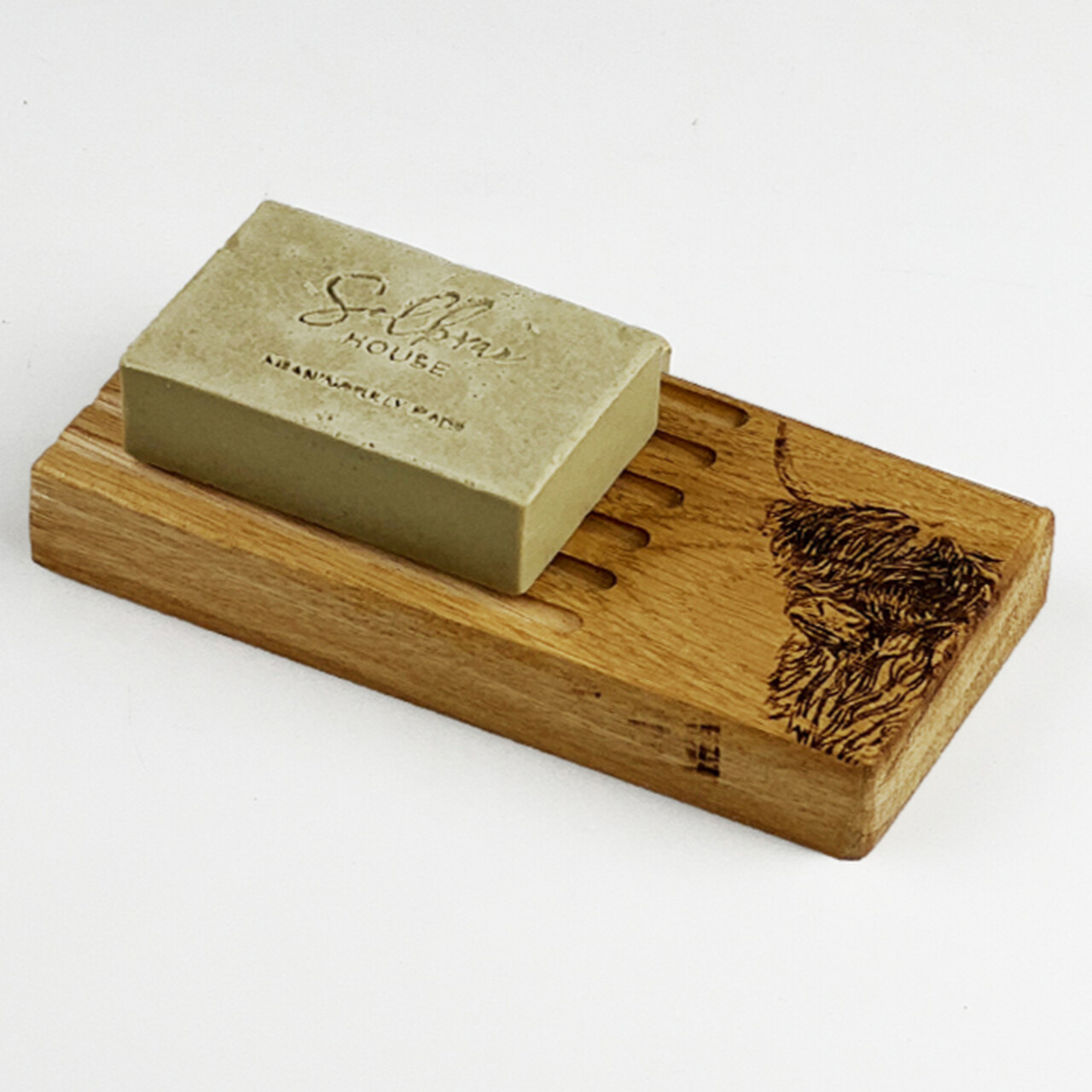 Seifenschale aus Eichenholz | Motiv HIghland Cow