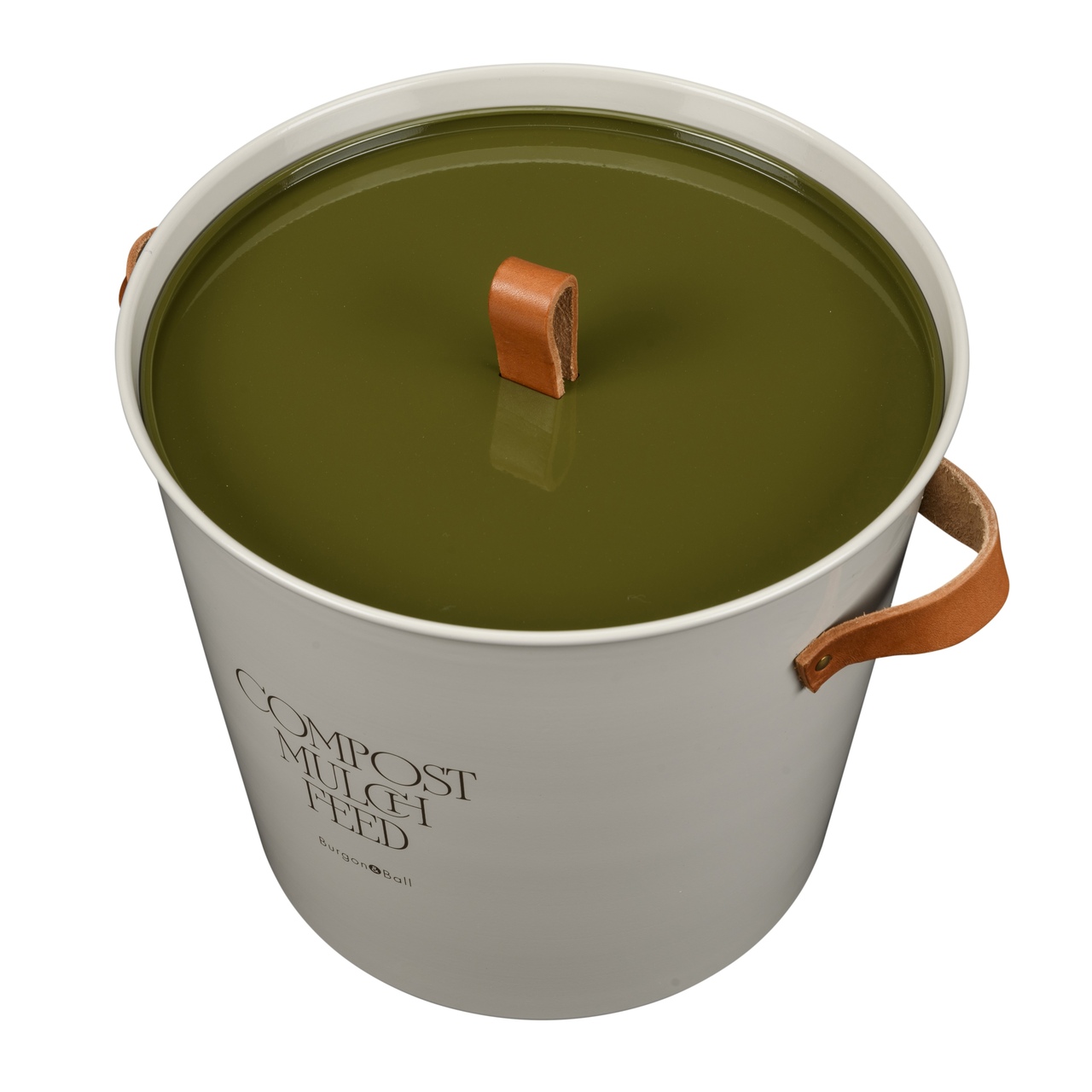 Kompostbehälter für die Küche | der Eimer in hellem Beige mit einem Deckel in sattgrünem Olive