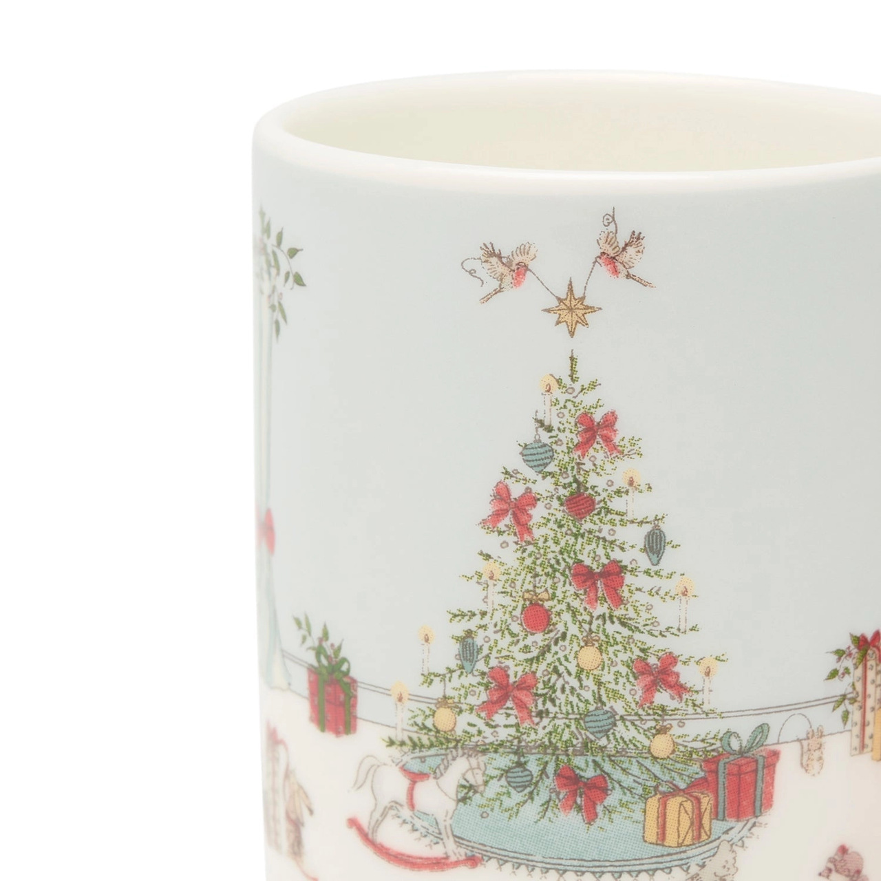 Mini-Tasse | Design Cosy Christmas | Die Weihnachtstanne mit den Rotkelchen, die den Stern anbringen