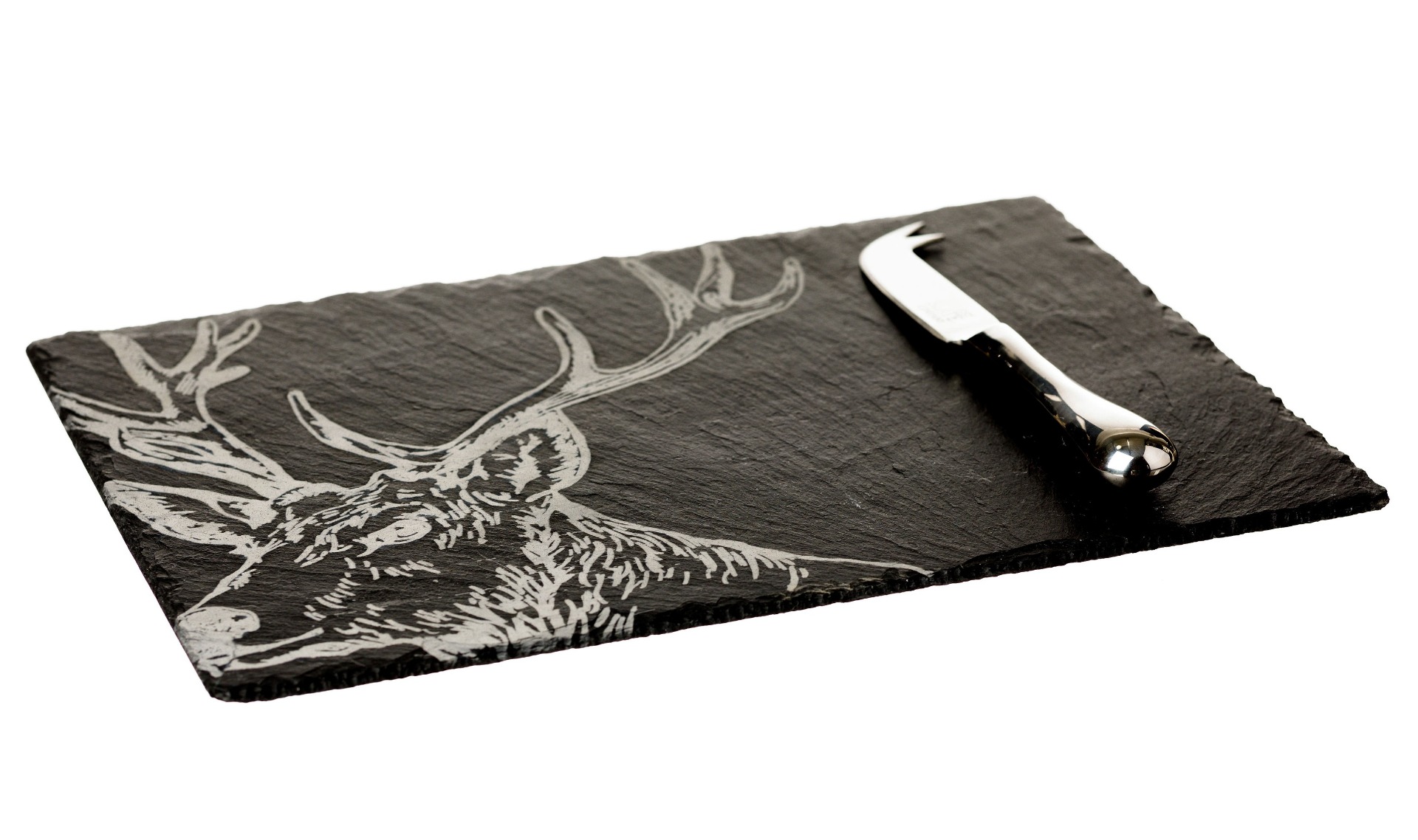 Von Selbbrae House: Schieferplatte mit Gravur Hirsch, incl. Käsemesser  